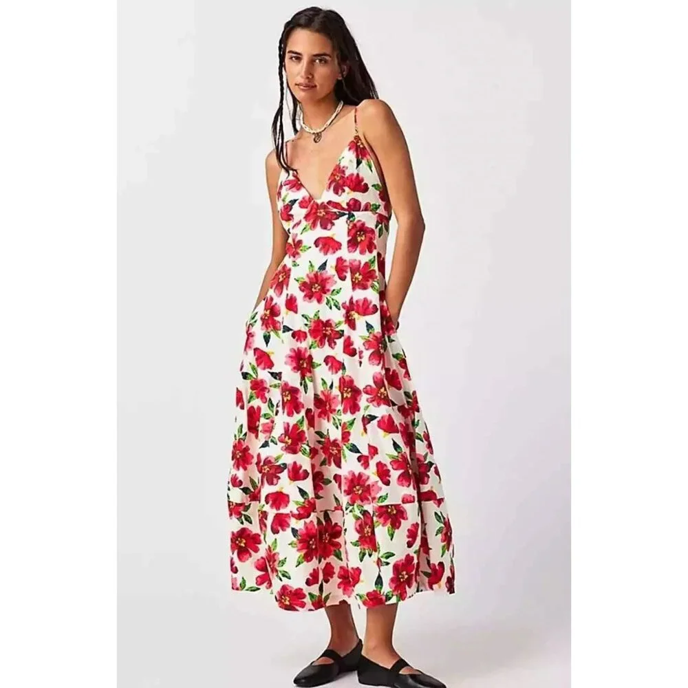 Free People Finer Things Printed Floral Midi Dress Size XL
